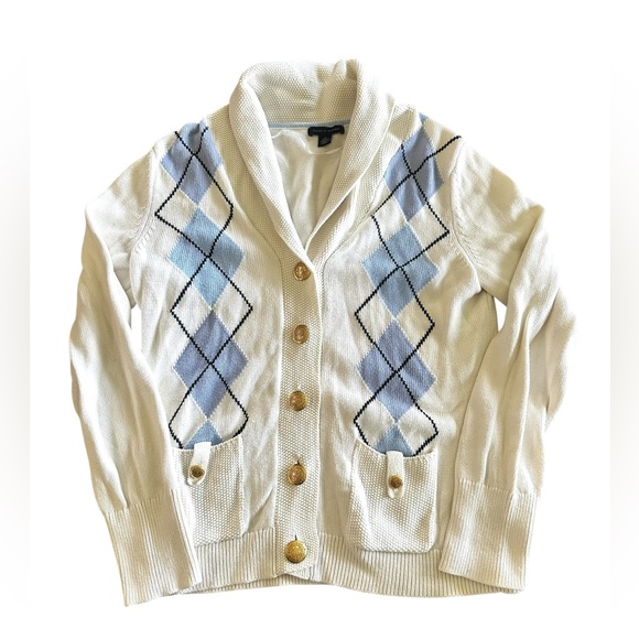 Tommy Hilfiger Sweaters - Tommy Hilfiger ButtonUp Argyle Cardigan Womens Medium Cream and Blue Gold Button